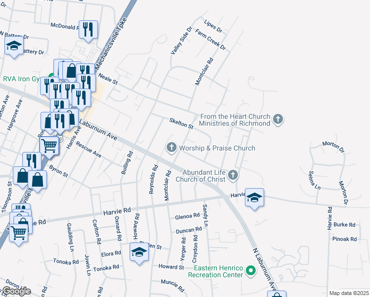 map of restaurants, bars, coffee shops, grocery stores, and more near 3100 Aldersgate Drive in Richmond