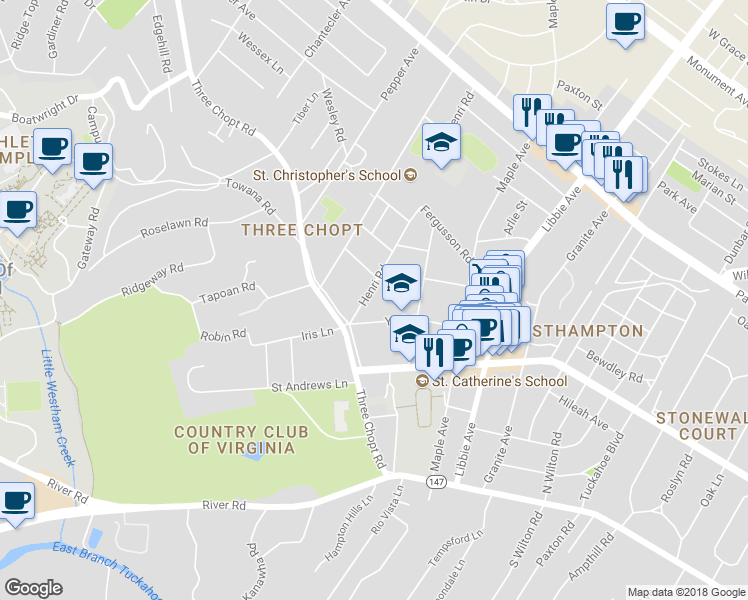 map of restaurants, bars, coffee shops, grocery stores, and more near 405 Henri Road in Richmond