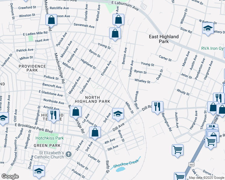 map of restaurants, bars, coffee shops, grocery stores, and more near 3404 2nd Avenue in Richmond