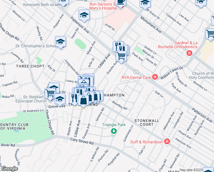 map of restaurants, bars, coffee shops, grocery stores, and more near 33 Hampton Commons Terrace in Richmond