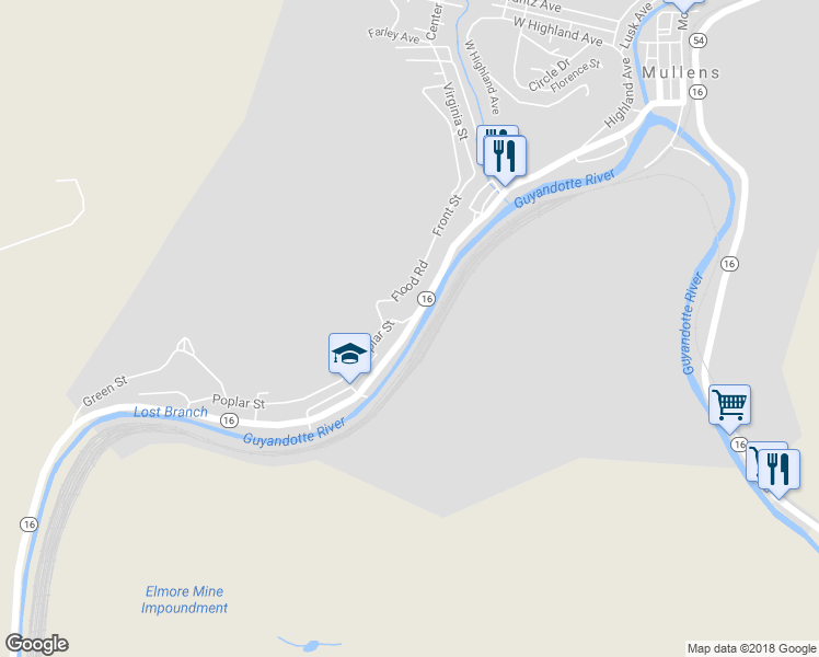 map of restaurants, bars, coffee shops, grocery stores, and more near West Virginia 16 in Mullens