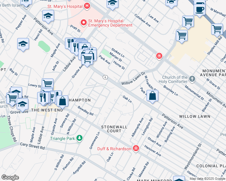 map of restaurants, bars, coffee shops, grocery stores, and more near 5231 Kingsbury Road in Richmond