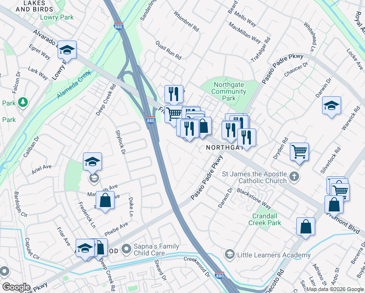 map of restaurants, bars, coffee shops, grocery stores, and more near 34328 Gadwall Common in Fremont