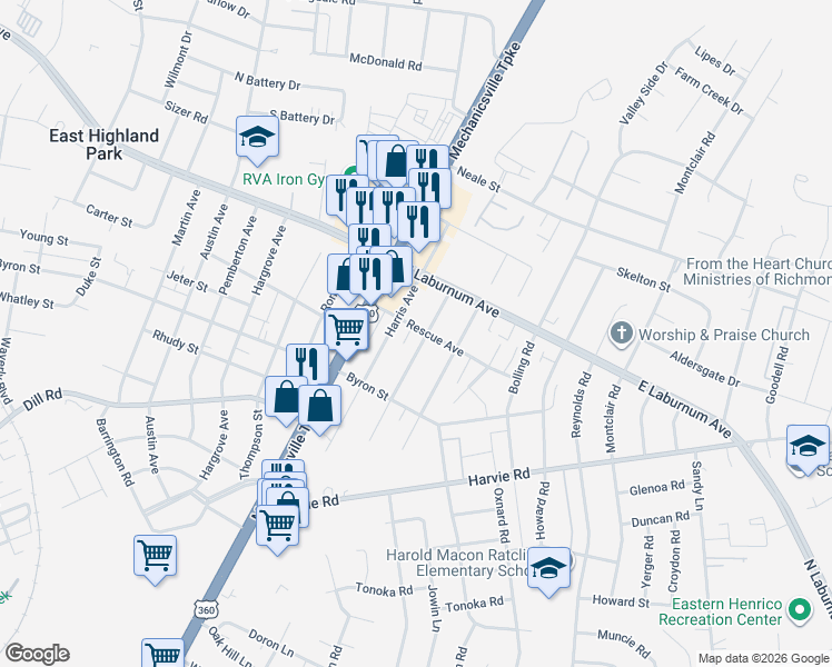 map of restaurants, bars, coffee shops, grocery stores, and more near 3617 Harris Avenue in Richmond