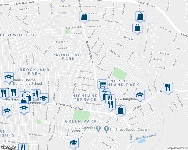 map of restaurants, bars, coffee shops, grocery stores, and more near 800 Burns Street in Richmond