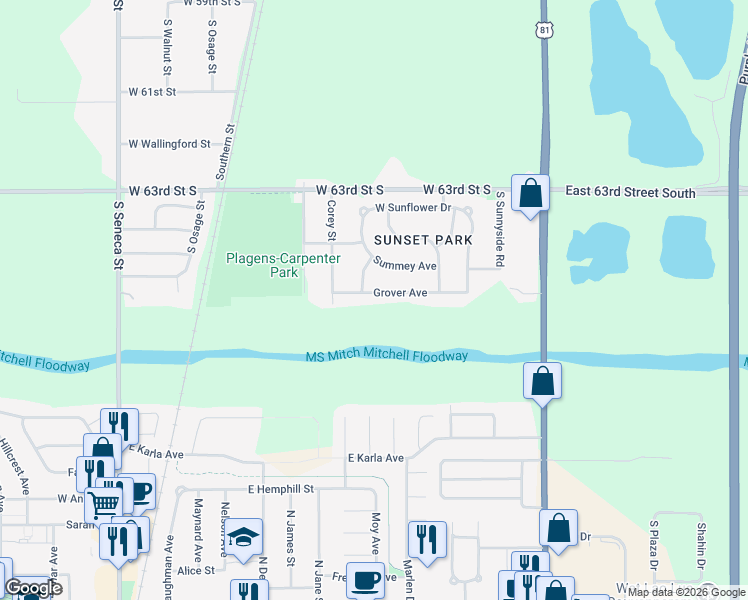 map of restaurants, bars, coffee shops, grocery stores, and more near 327 Grover Avenue in Wichita