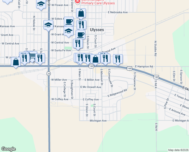map of restaurants, bars, coffee shops, grocery stores, and more near 300-346 East Miller Avenue in Ulysses