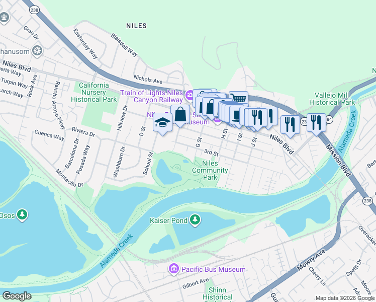 map of restaurants, bars, coffee shops, grocery stores, and more near 37443 3rd Street in Fremont
