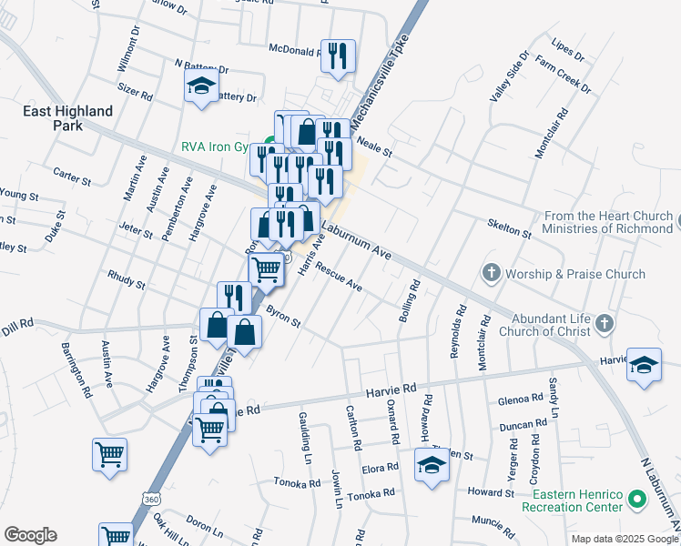 map of restaurants, bars, coffee shops, grocery stores, and more near 3701 Whitlock Avenue in Richmond
