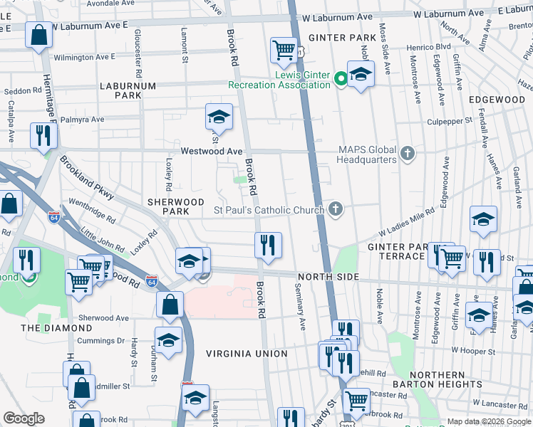 map of restaurants, bars, coffee shops, grocery stores, and more near 3200 Brook Road in Richmond