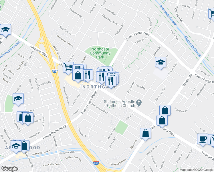 map of restaurants, bars, coffee shops, grocery stores, and more near 34390 Fremont Boulevard in Fremont