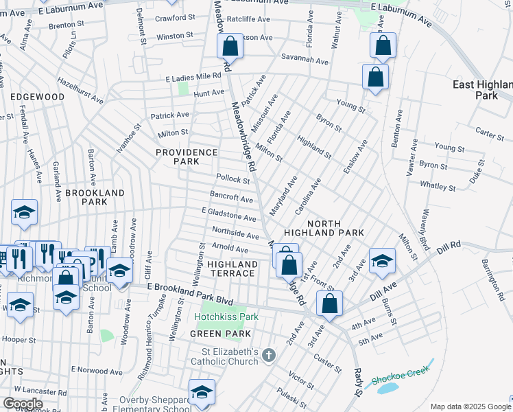 map of restaurants, bars, coffee shops, grocery stores, and more near 713 Bancroft Avenue in Richmond