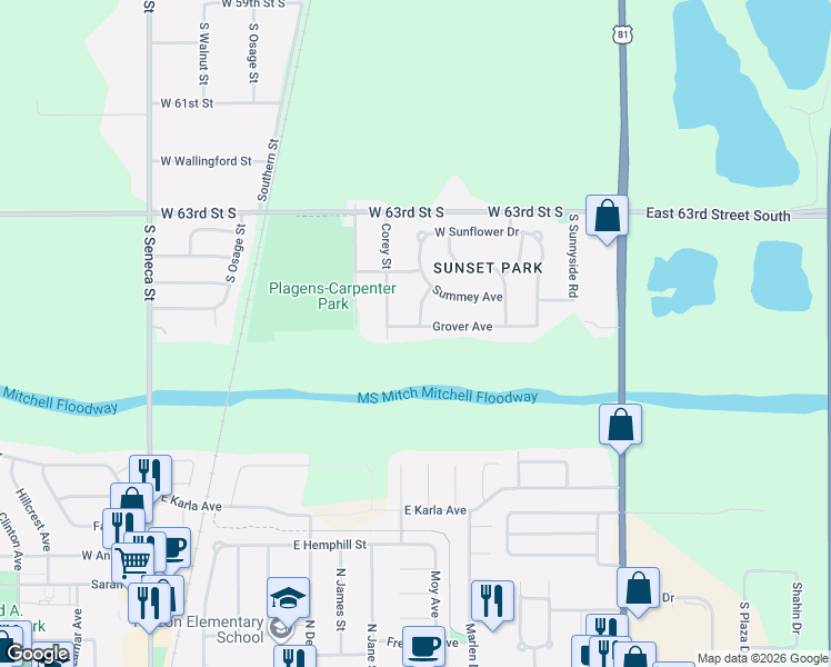 map of restaurants, bars, coffee shops, grocery stores, and more near 401 Grover Avenue in Wichita