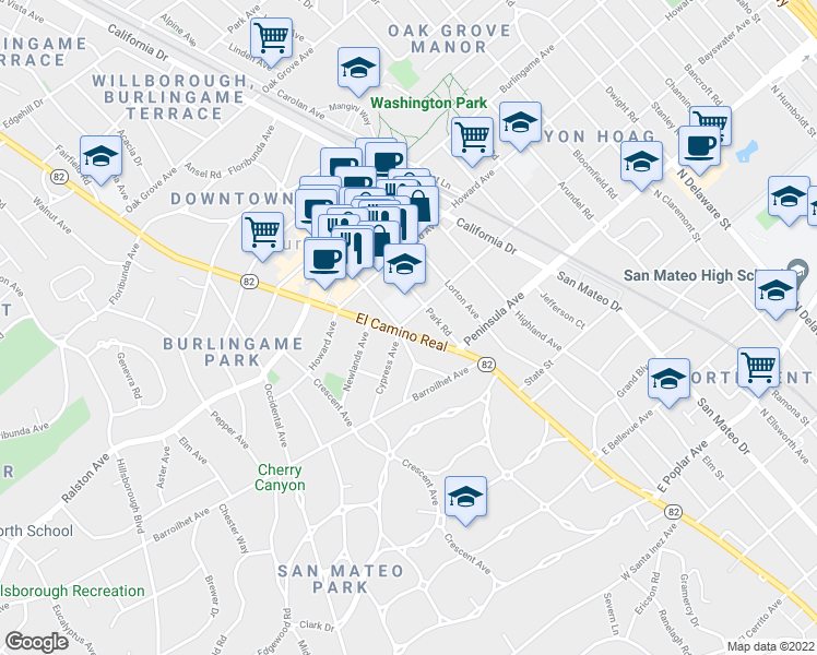 map of restaurants, bars, coffee shops, grocery stores, and more near 90 El Camino Real in Burlingame