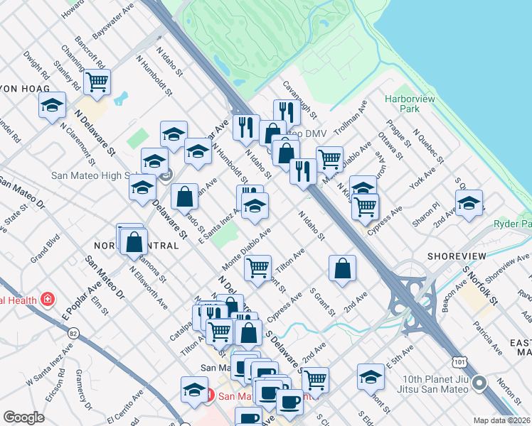 map of restaurants, bars, coffee shops, grocery stores, and more near 229 North Humboldt Street in San Mateo