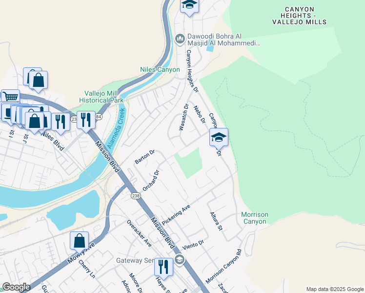 map of restaurants, bars, coffee shops, grocery stores, and more near 551 Wasatch Drive in Fremont