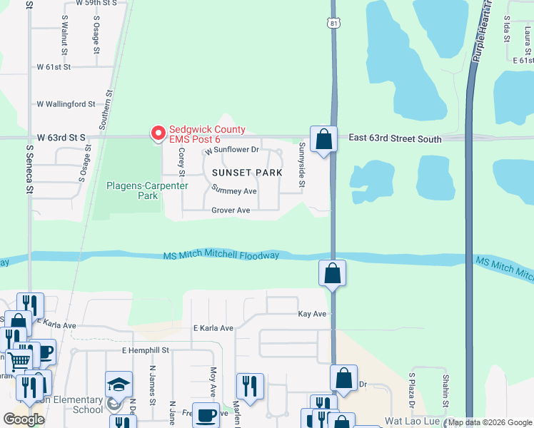 map of restaurants, bars, coffee shops, grocery stores, and more near 125 Grover Avenue in Wichita