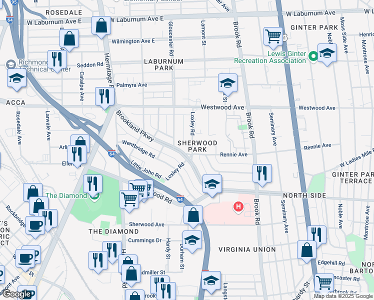 map of restaurants, bars, coffee shops, grocery stores, and more near 1404 Brookland Parkway in Richmond
