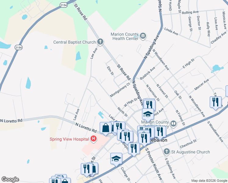 map of restaurants, bars, coffee shops, grocery stores, and more near 140 Montgomery Court in Lebanon