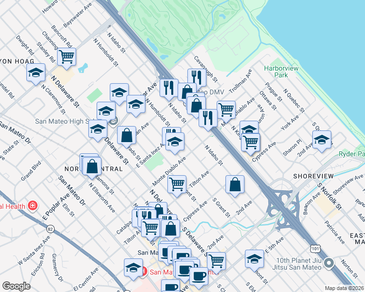 map of restaurants, bars, coffee shops, grocery stores, and more near 229 North Humboldt Street in San Mateo