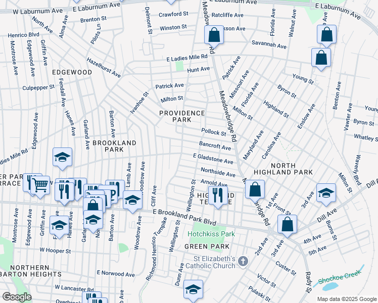map of restaurants, bars, coffee shops, grocery stores, and more near 504 East Gladstone Avenue in Richmond