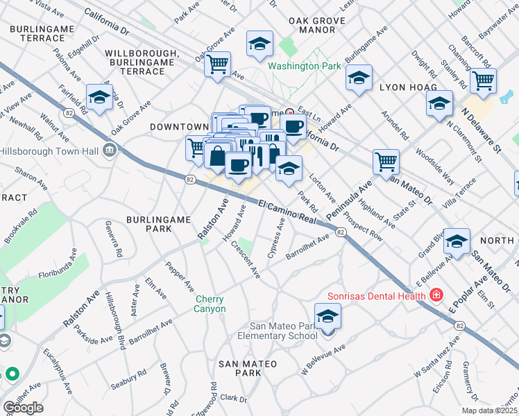 map of restaurants, bars, coffee shops, grocery stores, and more near 1517 Howard Avenue in Burlingame