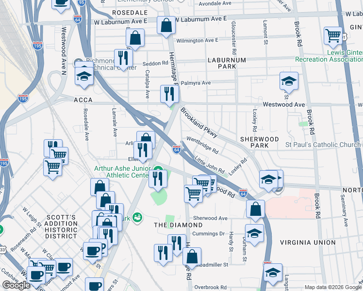 map of restaurants, bars, coffee shops, grocery stores, and more near 1609 Wentbridge Road in Richmond