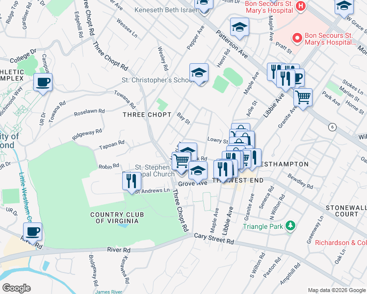 map of restaurants, bars, coffee shops, grocery stores, and more near 405 Henri Road in Richmond
