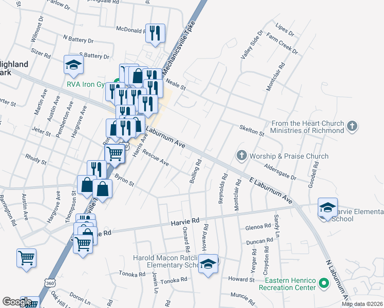 map of restaurants, bars, coffee shops, grocery stores, and more near 2701 East Laburnum Avenue in Richmond
