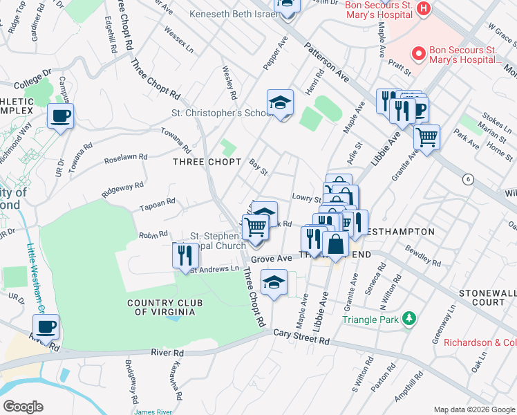 map of restaurants, bars, coffee shops, grocery stores, and more near 405 Henri Road in Richmond