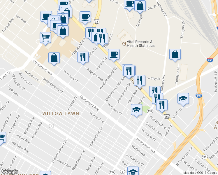 map of restaurants, bars, coffee shops, grocery stores, and more near 4509 Augusta Avenue in Richmond