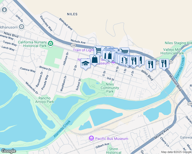 map of restaurants, bars, coffee shops, grocery stores, and more near 37373 3rd Street in Fremont