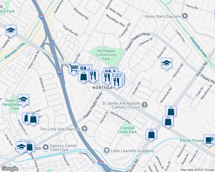 map of restaurants, bars, coffee shops, grocery stores, and more near 34390 Fremont Boulevard in Fremont