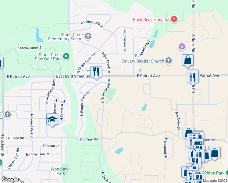 map of restaurants, bars, coffee shops, grocery stores, and more near 2612 North Triple Creek Drive in Derby