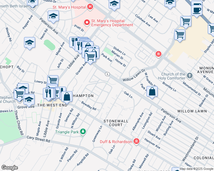 map of restaurants, bars, coffee shops, grocery stores, and more near 5305 Kingsbury Road in Richmond