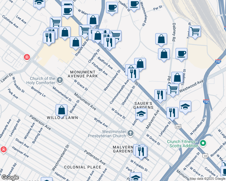 map of restaurants, bars, coffee shops, grocery stores, and more near 4509 Augusta Avenue in Richmond