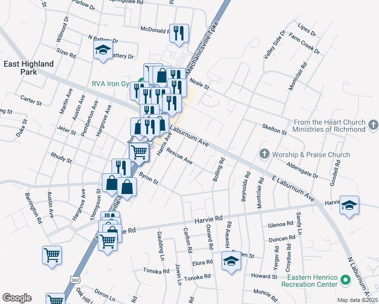 map of restaurants, bars, coffee shops, grocery stores, and more near 3704 Ammons Avenue in Richmond