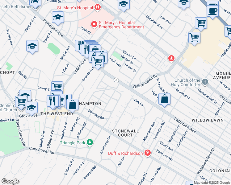 map of restaurants, bars, coffee shops, grocery stores, and more near 5305 Kingsbury Road in Richmond