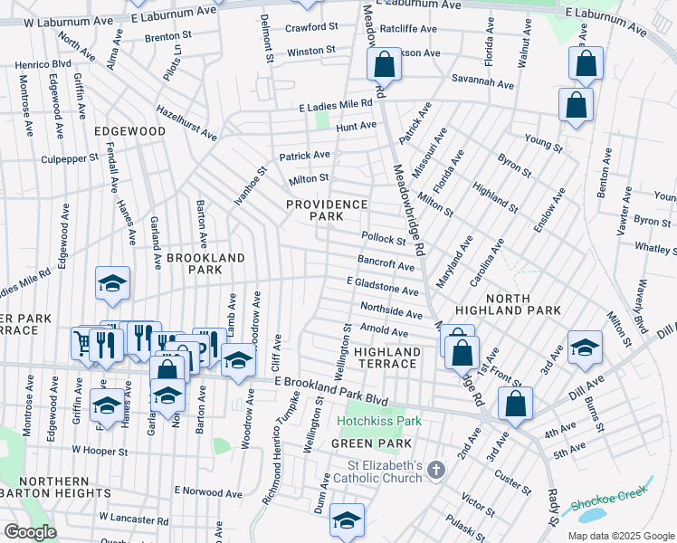 map of restaurants, bars, coffee shops, grocery stores, and more near 504 East Gladstone Avenue in Richmond