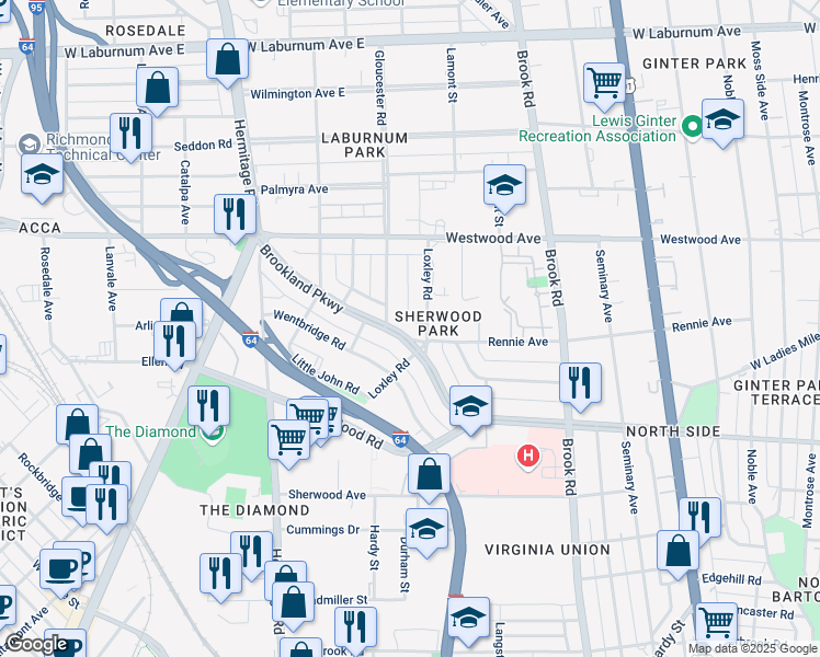 map of restaurants, bars, coffee shops, grocery stores, and more near 1404 Brookland Parkway in Richmond