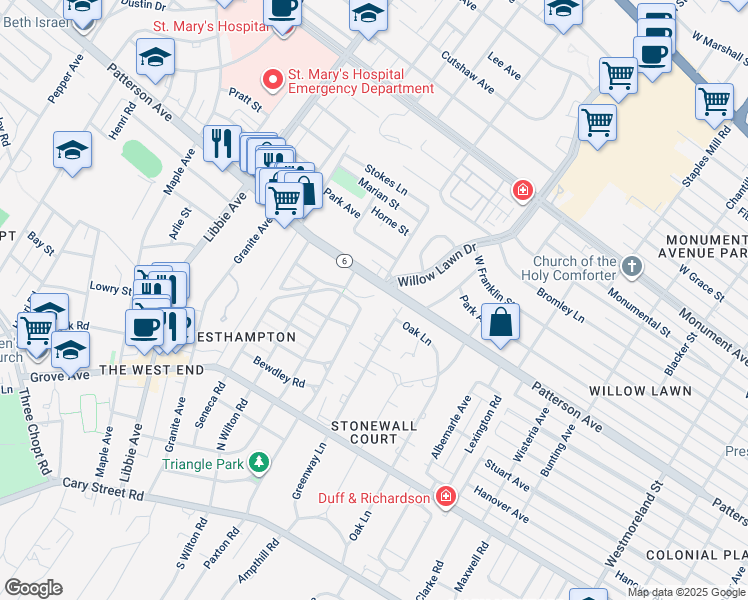 map of restaurants, bars, coffee shops, grocery stores, and more near 5231 Kingsbury Road in Richmond