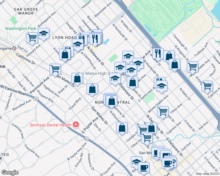 map of restaurants, bars, coffee shops, grocery stores, and more near 439 North Claremont Street in San Mateo