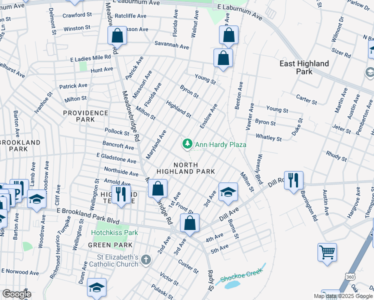 map of restaurants, bars, coffee shops, grocery stores, and more near 3300 1st Avenue in Richmond