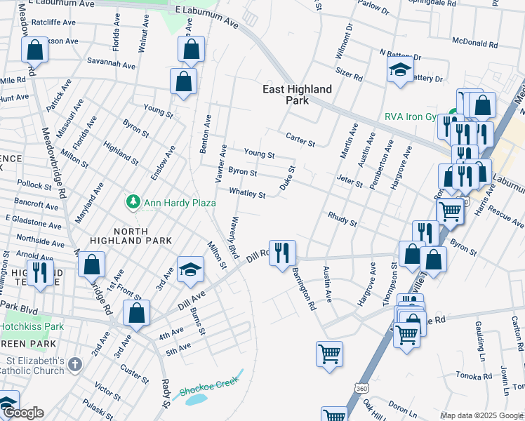 map of restaurants, bars, coffee shops, grocery stores, and more near 1522 Highland Street in Richmond