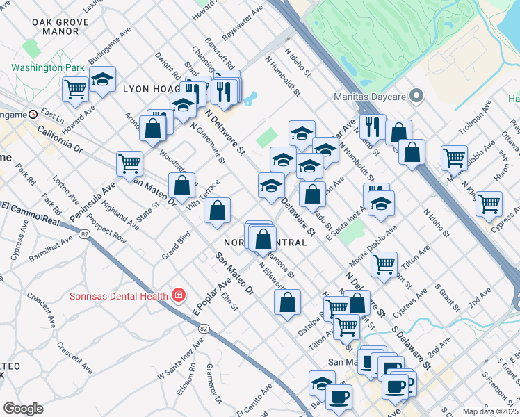 map of restaurants, bars, coffee shops, grocery stores, and more near 439 North Claremont Street in San Mateo