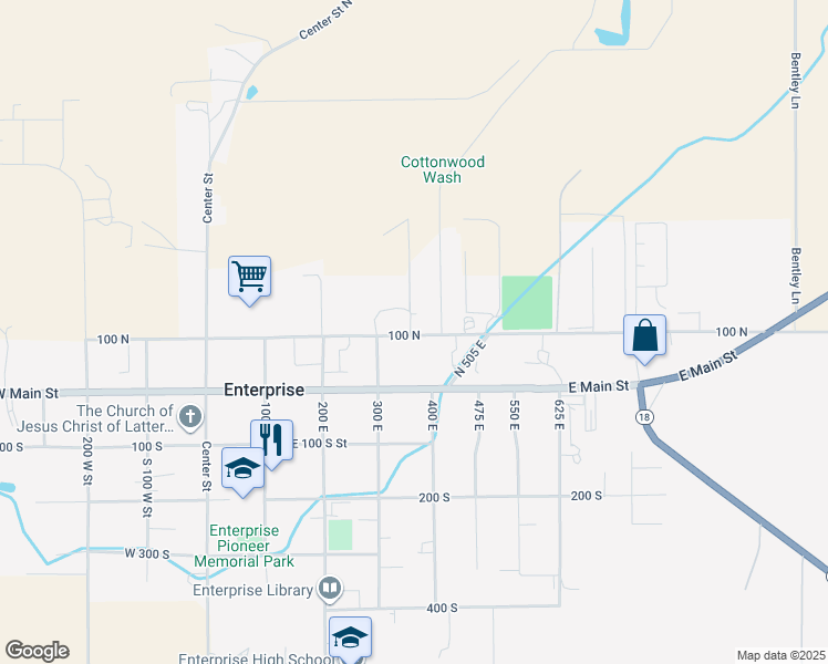 map of restaurants, bars, coffee shops, grocery stores, and more near 373 East 100 North in Enterprise