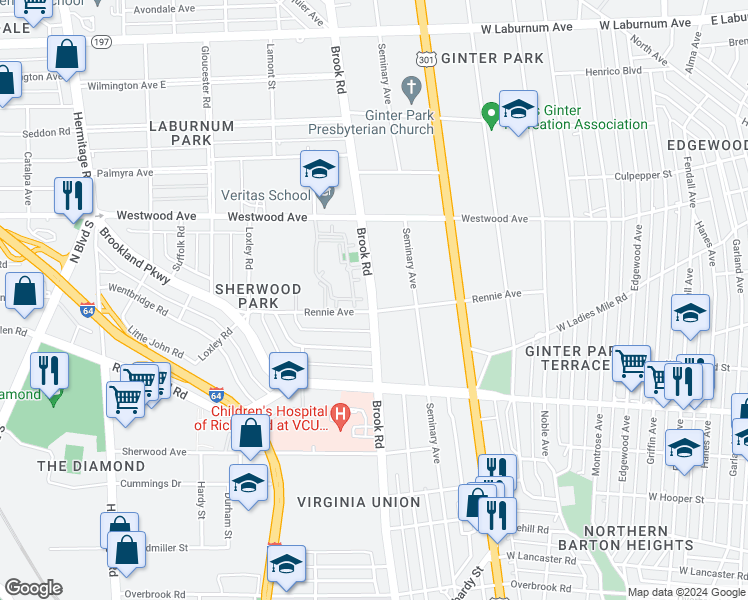 map of restaurants, bars, coffee shops, grocery stores, and more near Brook Road in Richmond
