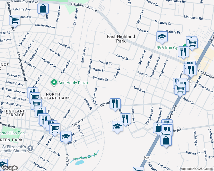 map of restaurants, bars, coffee shops, grocery stores, and more near 1522 Highland Street in Richmond