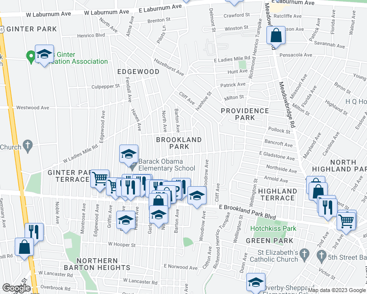 map of restaurants, bars, coffee shops, grocery stores, and more near 3207 Barton Avenue in Richmond