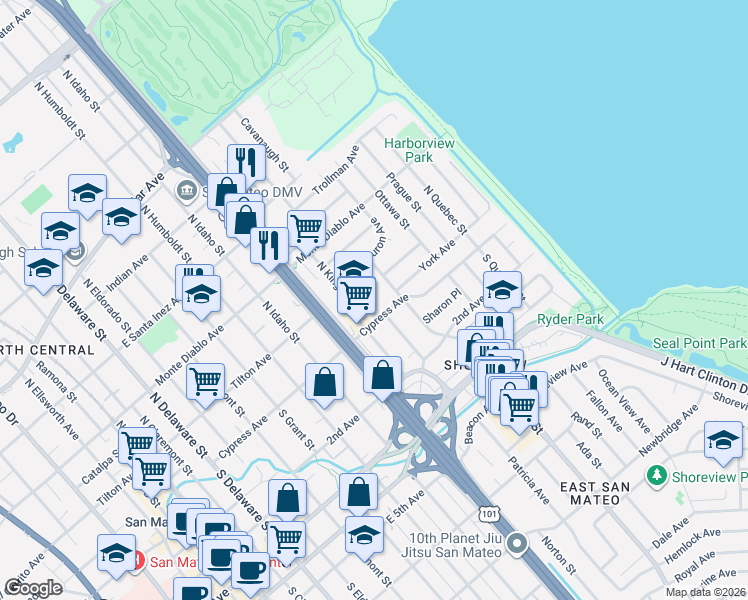 map of restaurants, bars, coffee shops, grocery stores, and more near 1301 Cypress Avenue in San Mateo